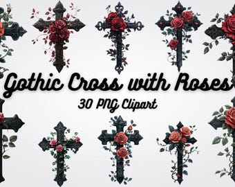 Gothic Cross with Roses Clipart: Dark Art PNG (Digital Download)