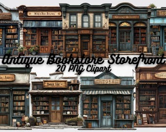 Vintage Bookstore Clipart: Antique Shopfront PNG Illustrations (Digital Download)