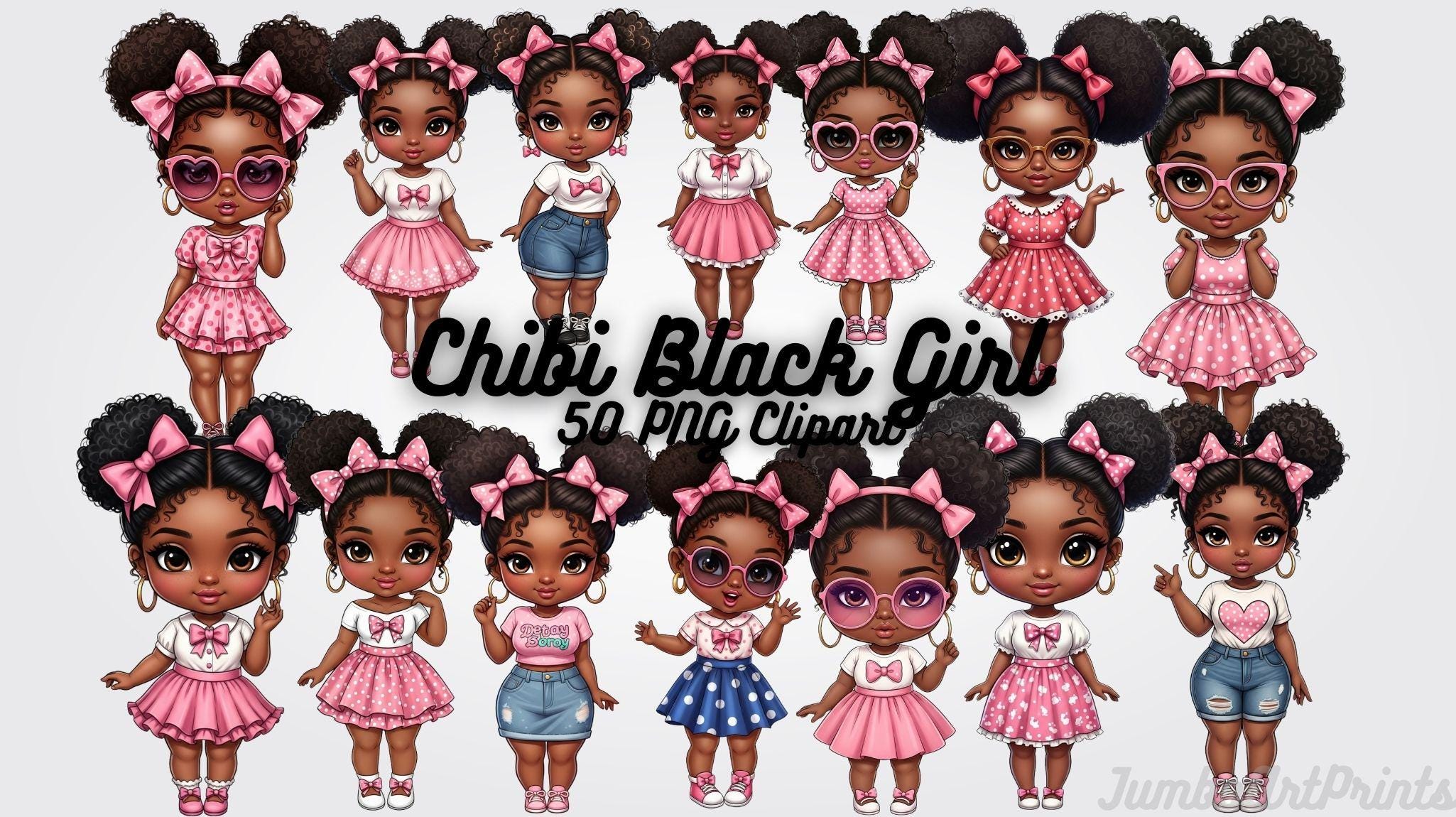 Chibi Black Girl Clipart – Kawaii Afro Buns PNG Graphics (digital ...