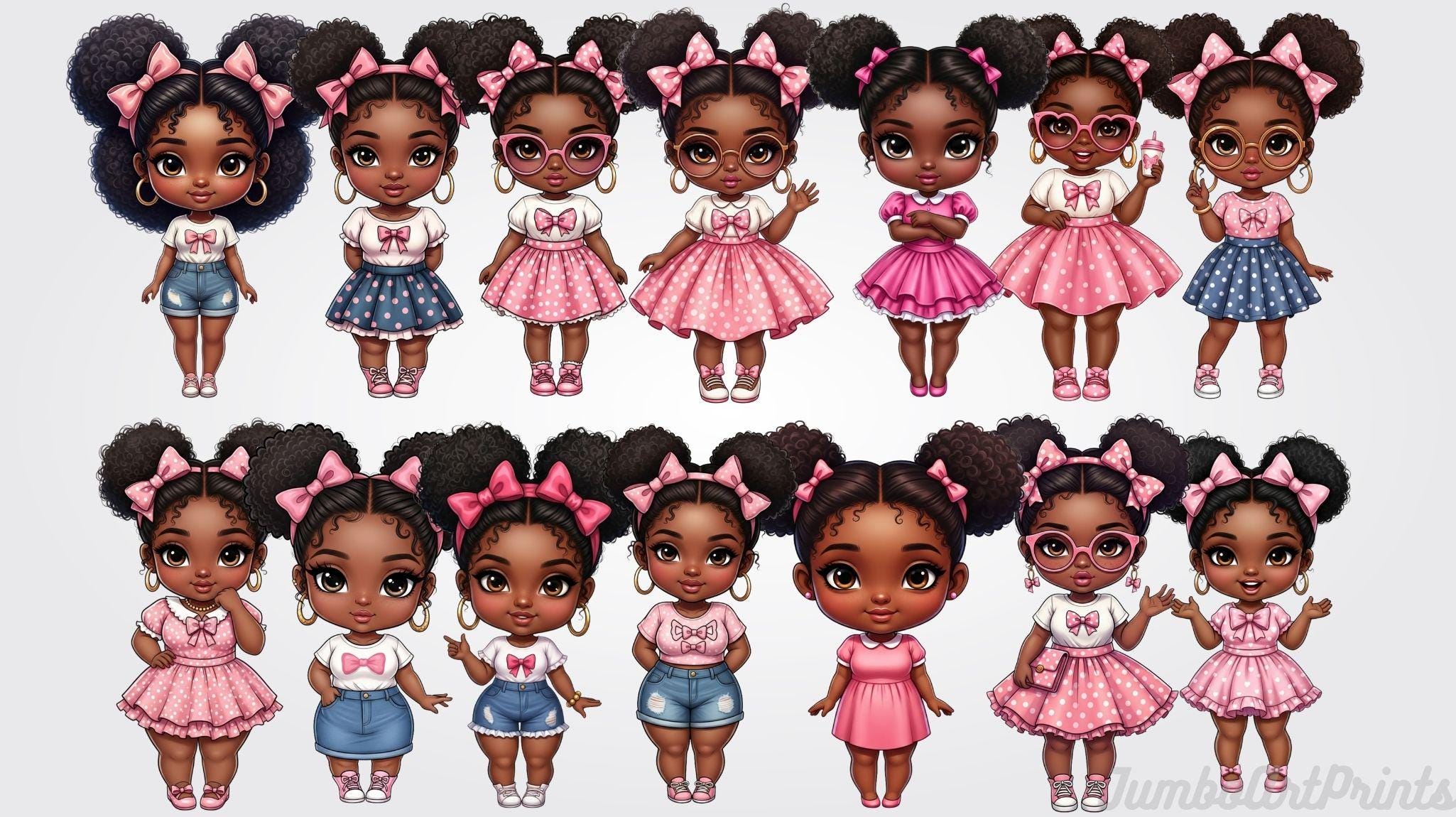 Chibi Black Girl Clipart – Kawaii Afro Buns PNG Graphics (digital ...