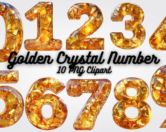 Può includere: Una collezione di dieci numeri di cristallo dorato, da zero a nove, con un aspetto sfaccettato, simile a una gemma. I numeri sono visualizzati su uno sfondo bianco, con il testo "Golden Crystal Number 10 PNG Clipart" in corsivo nero.