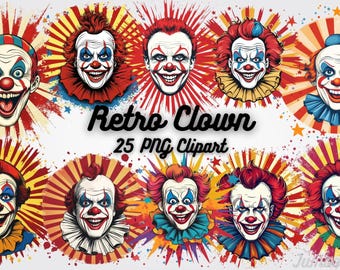 Retro Circus Clown Clipart: 25 Vintage Carnival PNGs (Digital Download)