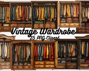 Vintage Wardrobe Coats Clipart, Antique Closet PNG (Digital Download)