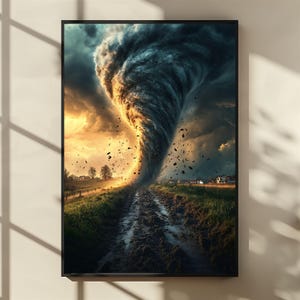 Può includere: Stampa incorniciata raffigurante un potente tornado su un paesaggio rurale. Il vortice vorticoso domina il cielo, con un drammatico contrasto di tonalità scure e dorate. L'opera cattura la potenza bruta della natura.