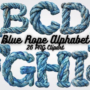 Alfabeto de cuerda azul, clipart de letras, letras PNG de alta calidad con temática náutica para invitaciones, manualidades y proyectos personalizados