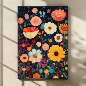 May include: A framed floral art print featuring a vibrant array of colorful flowers against a dark blue background. The artwork showcases various flower types in shades of orange, yellow, white, purple, and blue, creating a lively and decorative piece.