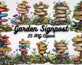 Rustic Garden Signpost Clipart: Vintage Wood Signs (Digital Download)