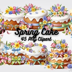 Op de afbeelding: Illustraties van lentetaarten in aquarel. De taarten zijn versierd met witte glazuur, kleurrijke bloemen en linten. De tekst "Spring Cake 45 PNG Clipart" wordt weergegeven.
