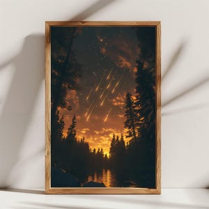 Lluvia de meteoritos al atardecer, cielo estrellado con meteoritos cayendo sobre un bosque de pinos, arte mural digital imprimible para uso comercial.