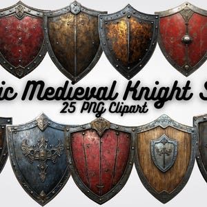 Classic Medieval Knight Shield Clipart PNG, Fantasy Warrior Shield Digital Download, Viking Decor, RPG Game Art, Printable Wall Art