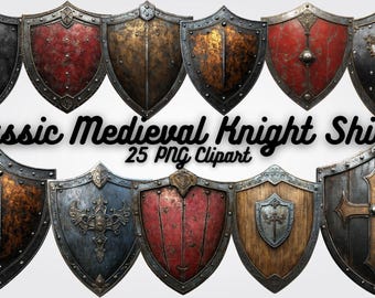Medieval Knight Shield Clipart: Fantasy Warrior PNG (Digital Download, 25pc Set)