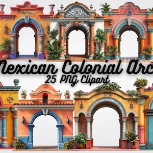 Op de afbeelding: Een verzameling van 25 PNG clipart-afbeeldingen met kleurrijke Mexicaanse koloniale bogen. De bogen zijn in verschillende stijlen, met levendige tinten oranje, geel, blauw en rood. Sommige bogen hebben planten en decoratieve elementen.