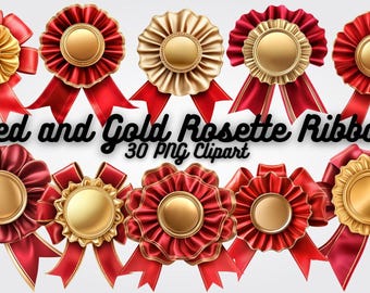 May include: A collection of red and gold rosette ribbons with various designs. Each rosette features a gold center and red ribbon accents. The text "Red and Gold Rosette Ribbon" and "30 PNG Clipart" is displayed in black.