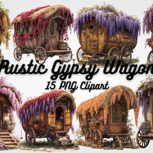Puede incluir: Un conjunto de 15 imágenes de clipart digital de vagones gitanos rústicos decorados con flores y enredaderas. Los vagones son de diferentes colores y tienen diseños únicos.  Rustic Gypsy Wagon 15 PNG Clipart