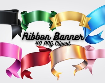 May include: A set of 40 ribbon banner clipart images in various colors, including black, green, gold, blue, pink, red, and gold. The ribbons are in different shapes and sizes, and some have a glossy finish.