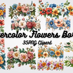 35 Watercolor Flower Border Clipart: PNG Floral Designs (Digital Download)
