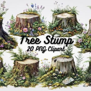 Puede incluir: Veinte imágenes digitales de tocones de árboles con varias flores y vegetación. Las imágenes están en un formato de collage con el texto "Tree Stump 20 PNG Clipart" en el centro.
