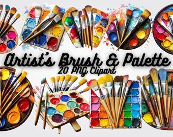 Watercolor Art Supplies Clipart: Brush and Palette PNG (Digital Download)