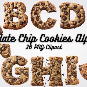 Alfabeto de galletas con chispas de chocolate, 26 imágenes prediseñadas, letras PNG de alta calidad, perfectas para invitaciones, impresiones de panadería y proyectos digitales