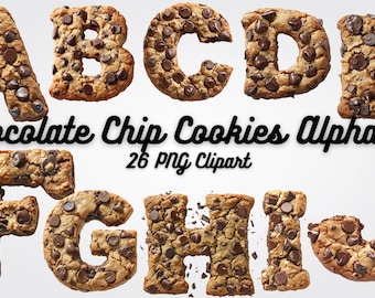 Puede incluir: Galletas con chispas de chocolate dispuestas para formar las letras A, B, C, D, E, F, G, H, I, J. Las galletas son marrones con chispas de chocolate y están sobre un fondo blanco. El texto "Chocolate Chip Cookies Alphabet 26 PNG Clipart" está debajo de las galletas.