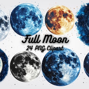 Clipart di Luna Piena, Fasi Lunari Digitali PNG, Clipart Celesti, Immagini di Luna Piena Mistica, Grafiche Lunari per Inviti e Stampe