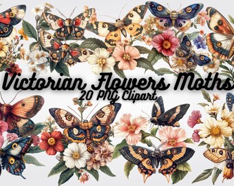 Victorian Flowers & Moths Clipart: Botanical PNG Images (Digital Download)