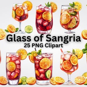 Könnte beinhalten: Aquarell-Illustration verschiedener Sangria-Gläser, garniert mit Orangen- und Limettenscheiben. Das Bild enthält den Text "Glass of Sangria 25 PNG Clipart."