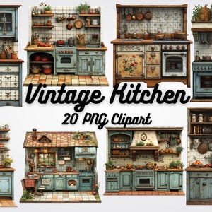 Könnte beinhalten: Eine Sammlung von 20 Vintage-Küchen-Clipart-Bildern. Die Bilder zeigen verschiedene Küchenschränke, Arbeitsplatten und Geräte im rustikalen Stil mit floralen Mustern und abgenutzter Farbe. Der Text "Vintage Kitchen 20 PNG Clipart" wird am unteren Rand des Bildes angezeigt.