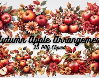 May include: A collection of watercolor illustrations featuring red apples, fall foliage, and flowers. The text "Autumn Apple Arrangement" and "25 PNG Clipart" is displayed. The images are perfect for fall-themed projects.