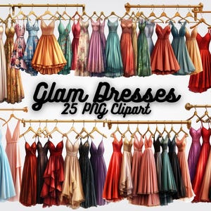 Glam Dresses Clipart, Elegant Fashion PNG Download, Luxury Gown Digital Art for Invitations, Wall Art, Sublimation & Scrapbooking