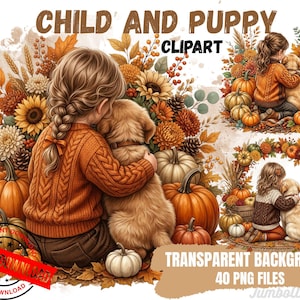 Może przedstawiać: Cyfrowy zestaw clipartów zatytułowany CHILD AND PUPPY CLIPART przedstawiający ilustracje dziecka z warkoczami w pomarańczowym swetrze z dzianiny, przytulającego złotego szczeniaka, w otoczeniu jesiennych dyń, słoneczników i liści.