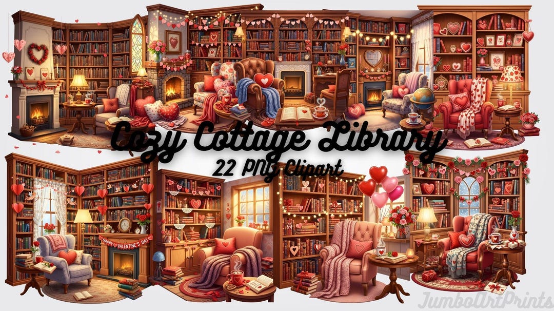 Cozy Cottage Library Clipart - Valentine Reading Room PNG, Cottagecore ...