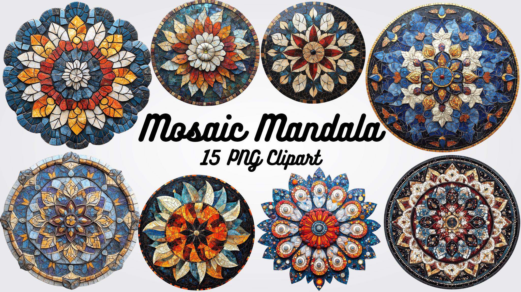 15 Mosaic Mandala Clipart, Mandala Clipart, High-Quality PNG Images of Intricate Mandala Designs, Decor, Invitations, & Crafts