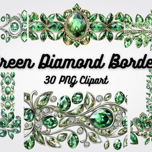 May include: A set of 30 green diamond border clipart images. The borders are made of green diamonds, gold, and silver. The images are ideal for adding a touch of elegance to your designs.