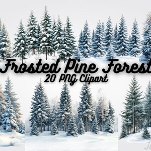 Può includere: Illustrazione digitale di foreste di pini ghiacciati con alberi innevati. L'immagine include il testo "Frosted Pine Forest" e "20 PNG Clipart". Gli alberi sono di varie dimensioni e forme.