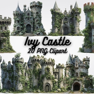 Efeu Schloss Clipart PNG, mittelalterliches Fantasy Schloss digitaler Download, gotische Ruinen Wandkunst, verzauberter Wald Dekor, RPG Karte Zubehör