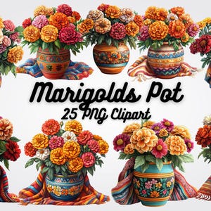 Puede incluir: Un conjunto de 25 imágenes de clipart digitales que muestran caléndulas en macetas coloridas. Las caléndulas son de color naranja, amarillo y rojo, y las macetas están decoradas con intrincados patrones. Las imágenes son perfectas para agregar un toque de cultura mexicana a tus manualidades y diseños.