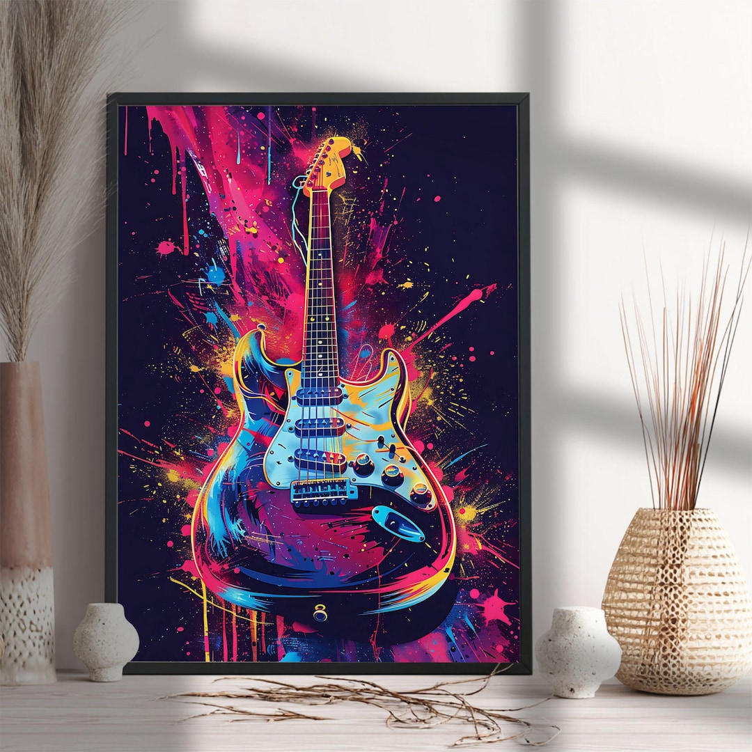 Electric Guitar Pop Art Print: Neon Music Room Decor (commercial