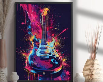 Electric Guitar Pop Art Print: Neon Music Room Decor (commercial