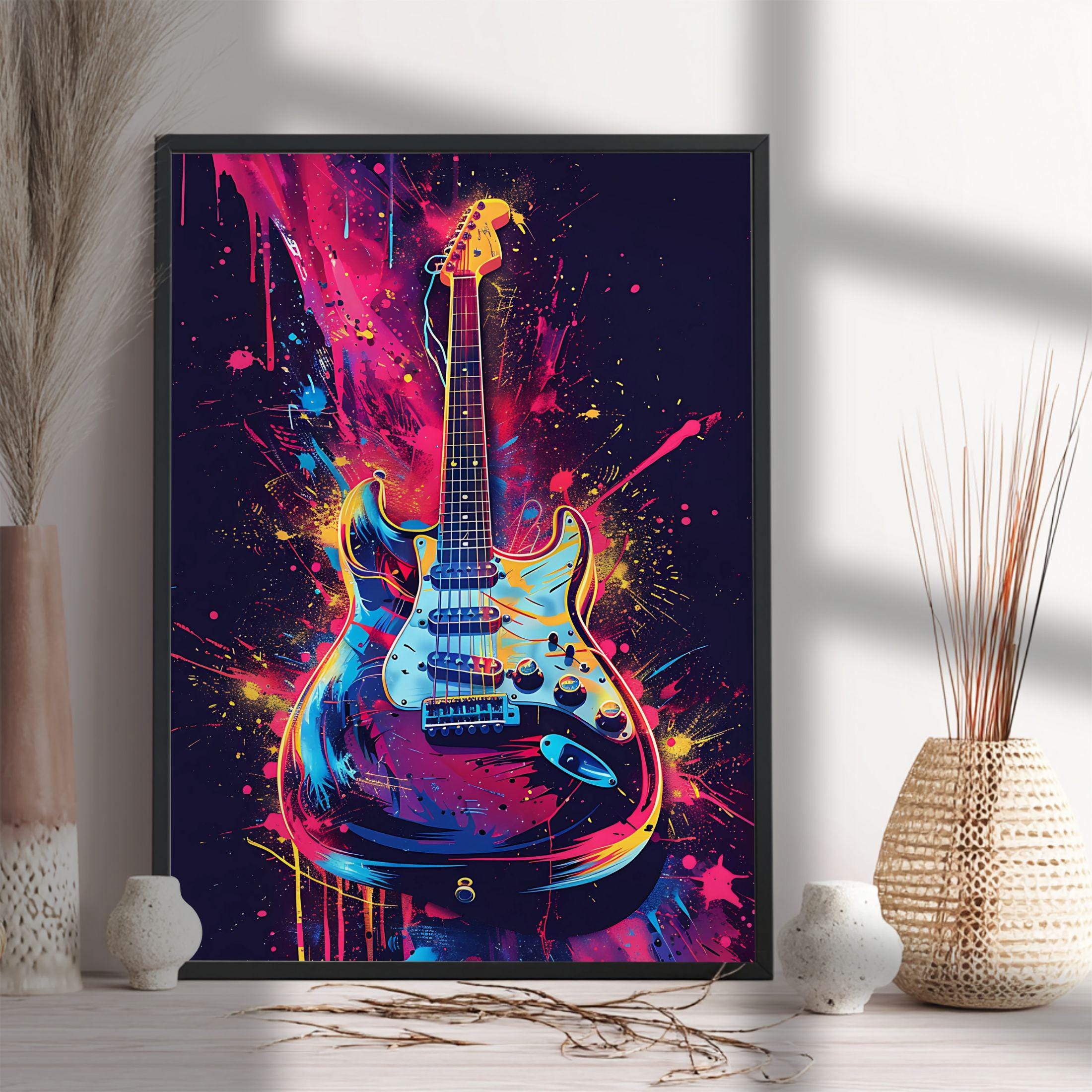Electric Guitar Pop Art Print: Neon Music Room Decor (commercial