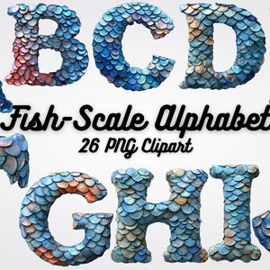 26 imágenes prediseñadas del alfabeto en forma de escamas de pez, letras PNG de alta calidad con textura de escamas de pez, invitaciones, impresiones náuticas, proyectos digitales