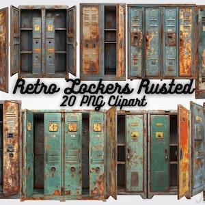 Puede incluir: Una colección de taquillas metálicas oxidadas de color azul, verde y marrón. Algunas taquillas están abiertas, revelando estantes y compartimentos. La imagen incluye el texto "Retro Lockers Rusted 20 PNG Clipart."
