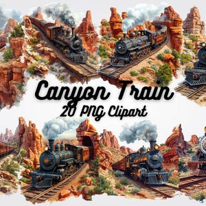 Peut inclure: Un ensemble de 20 images clipart numériques représentant des trains à vapeur de style vintage traversant un paysage de canyon. Les trains sont rouges, noirs et dorés avec des panaches de fumée blancs. Le canyon est de couleur brun rougeâtre avec une végétation verte.