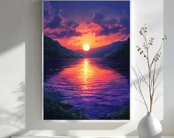 夕焼けの湖の風景画：静かな水面の反射アート - Etsy 日本