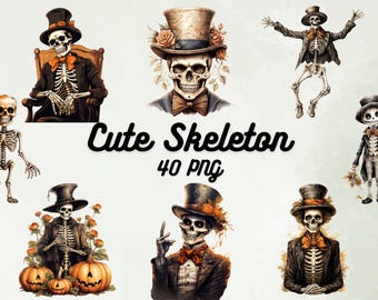 May include: A set of 40 digital images featuring cute skeleton illustrations in various poses and outfits. The skeletons are wearing hats, bow ties, and some are holding pumpkins. The images are perfect for Halloween crafts and decorations.