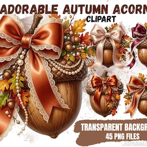 Può includere: Una collezione digitale di illustrazioni di ghiande con grandi ghiande marroni decorate con nastri di raso, bordi in pizzo, fili di perle e foglie autunnali. Il testo ADORABLE AUTUMN ACORN CLIPART e TRANSPARENT BACKGROUND 45 PNG FILES è visibile.