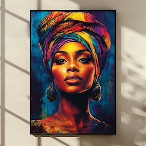 Afro-American Woman Portrait: Bold Headwrap, Abstract Ethnic Art (Digital Download