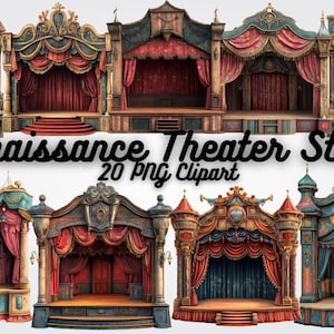 May include: A collection of watercolor illustrations of Renaissance theater stages. Each stage features ornate architectural details, red curtains, and decorative elements. The text "Renaissance Theater Stage 20 PNG Clipart" is displayed.