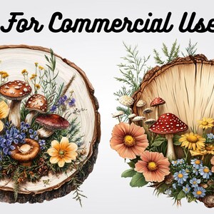 May include: Two watercolor illustrations of mushrooms and flowers on wood slices. The first image features red and white mushrooms with blue and purple flowers. The second image features red and white mushrooms with orange and yellow flowers.