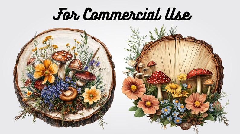 May include: Two watercolor illustrations of mushrooms and flowers on wood slices. The first image features red and white mushrooms with blue and purple flowers. The second image features red and white mushrooms with orange and yellow flowers.